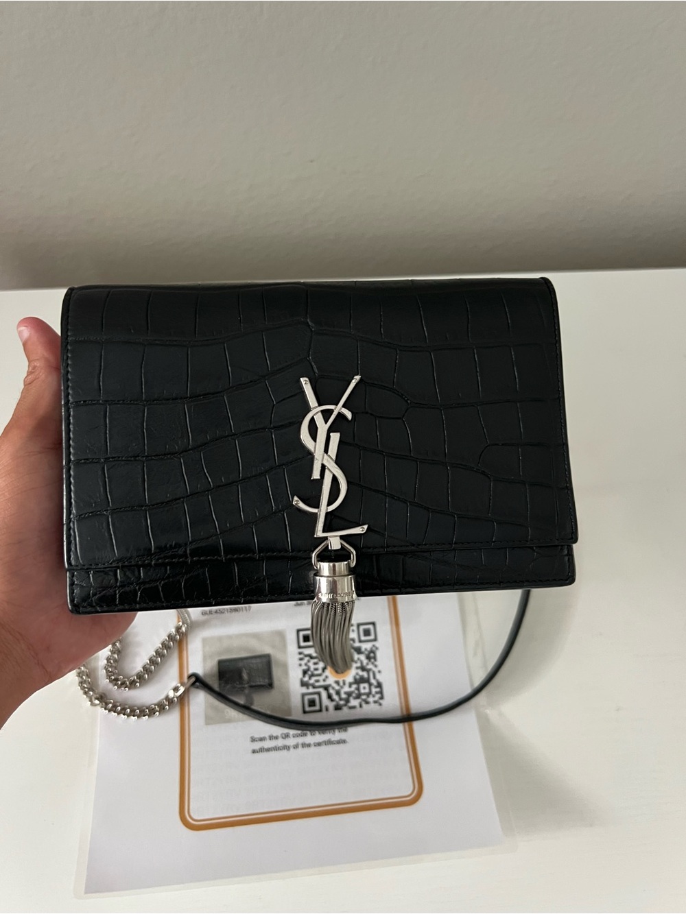 Yves Saint Laurent Black Croc-Embossed Tassel Chain Bag